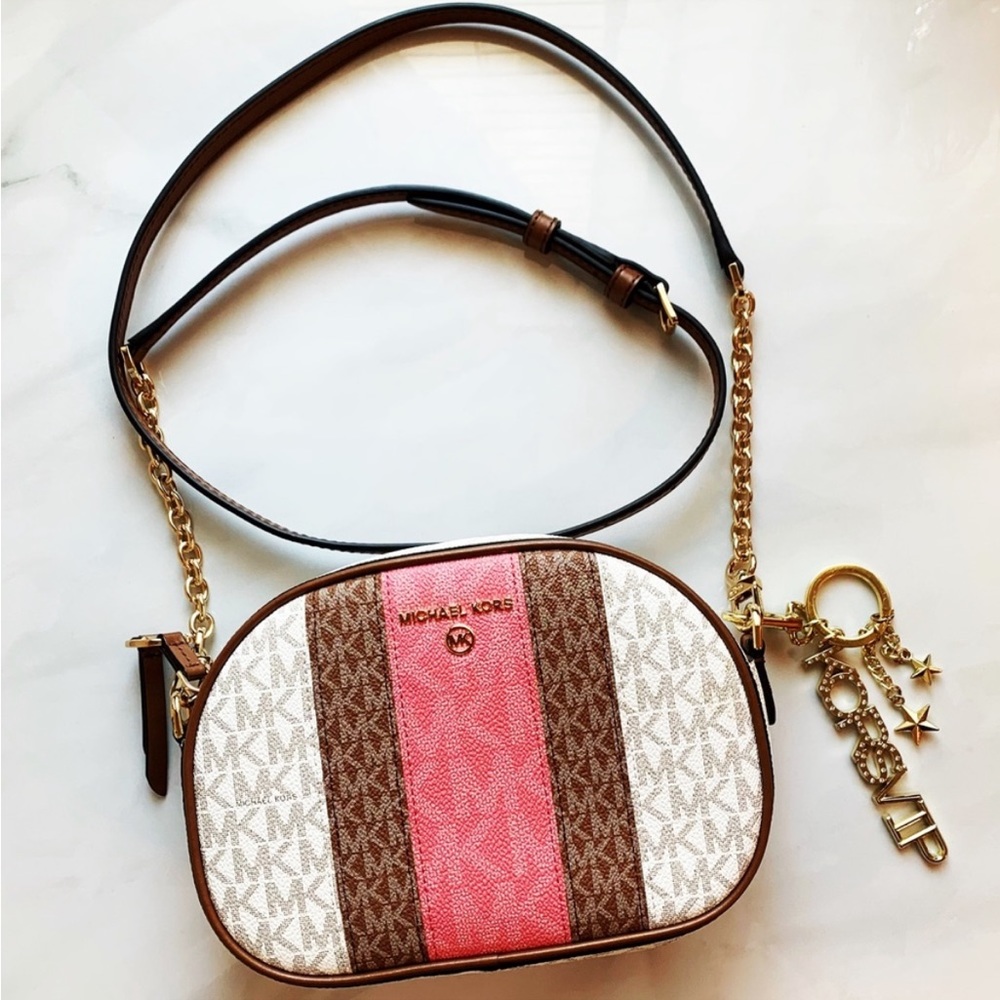 Michael Kors JET SET CHARM OVAL CAMERA SMALL CROSSBODY PURSE, White Pink Brown